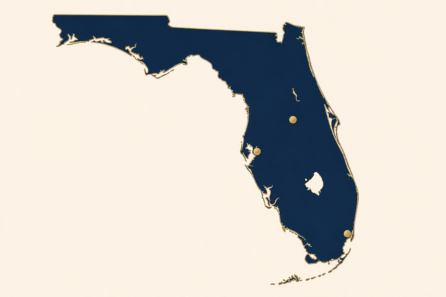 Illustrated map of Florida showing the Tampa Bay, Southwest Florida, Central Florida, and South Florida areas served by Fackih Realty