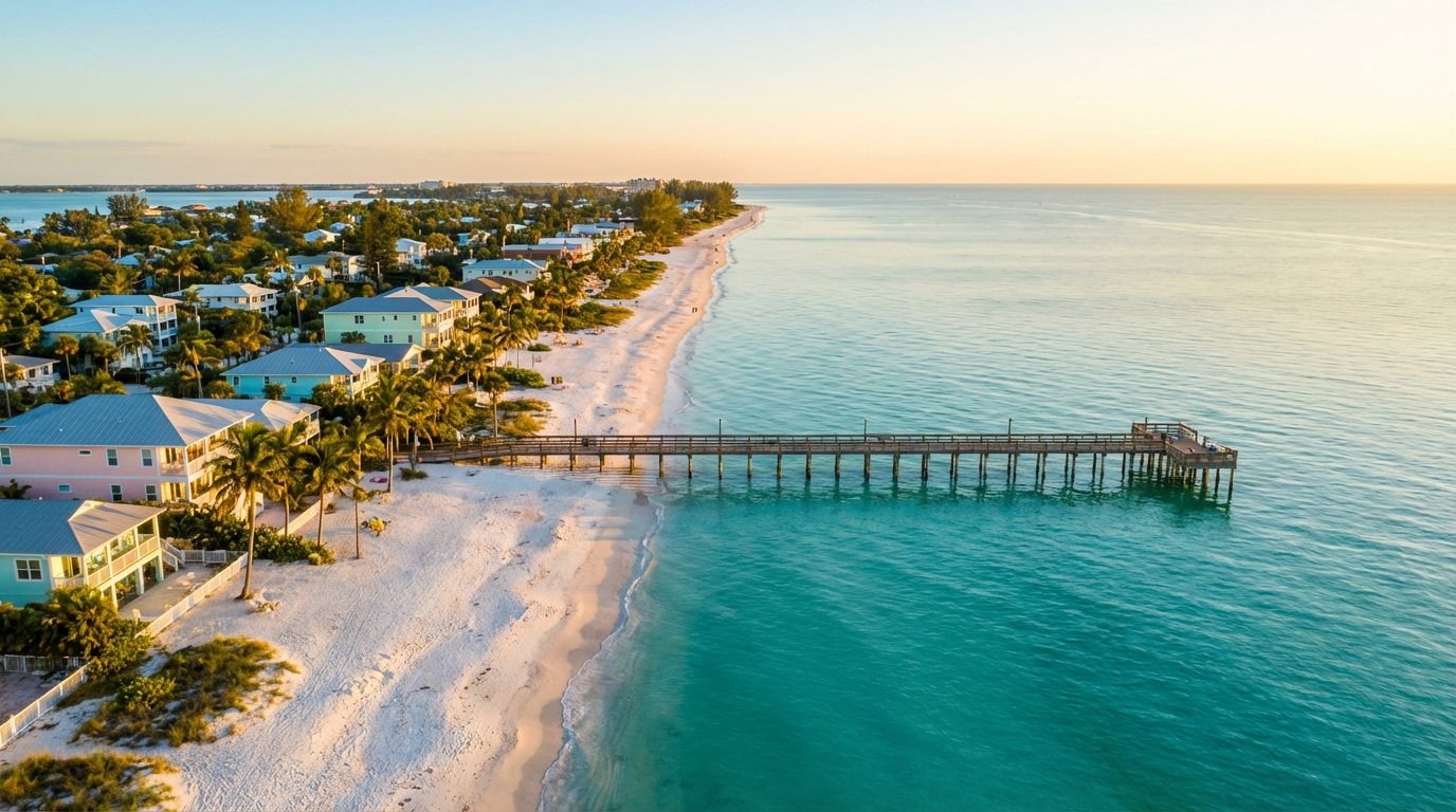 Aerial view of a Florida barrier island with white sand beach and turquoise Gulf water